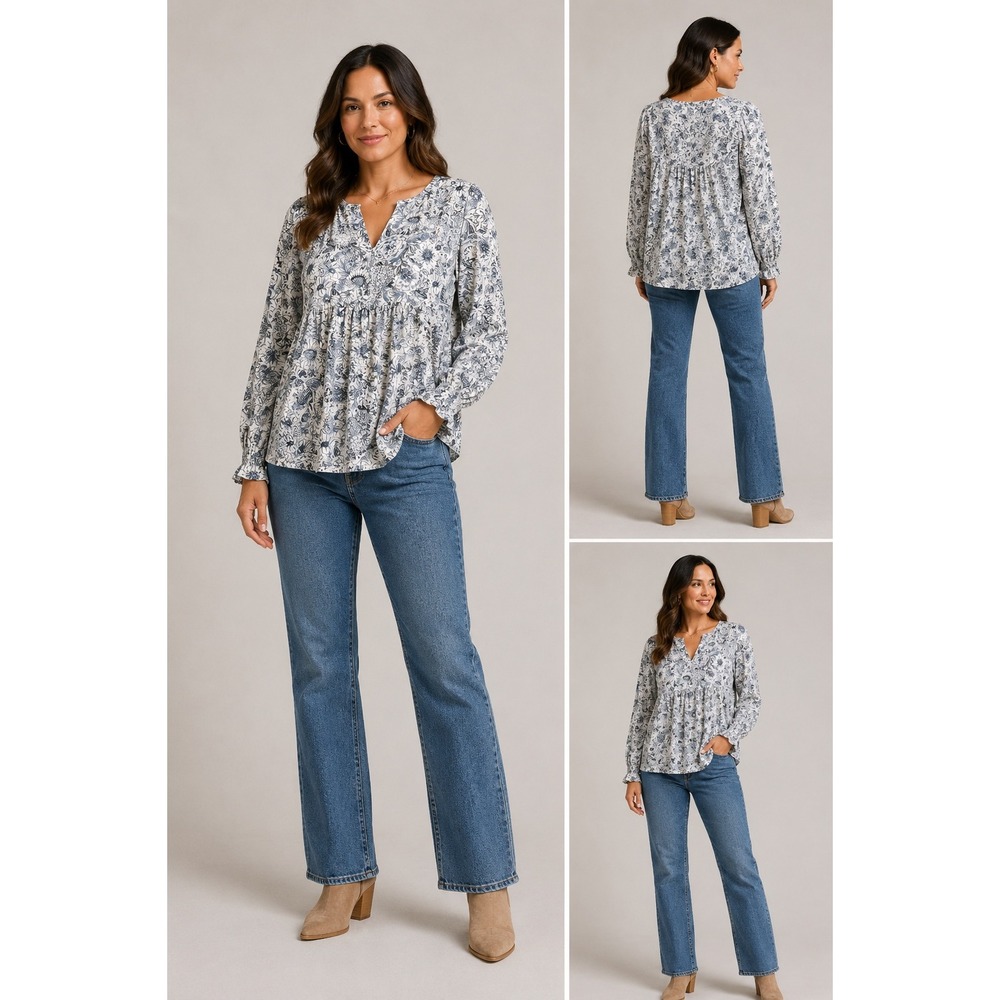 Loft Outlet Small‎ Blue White Floral Peplum Babydoll Blouse Long Sleeve V-Neck